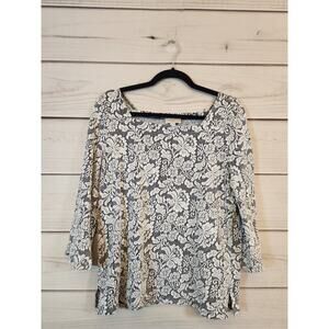 Loft Outlet Women's Blue White Floral 3/4 Sleeve‎ Square Neck Blouse Size Medium